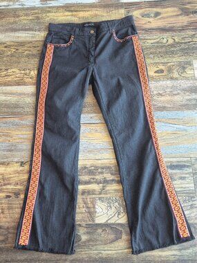 Etro Made in Italy Embroidered High Rise Kick Flare Jean Fray-Hem Black